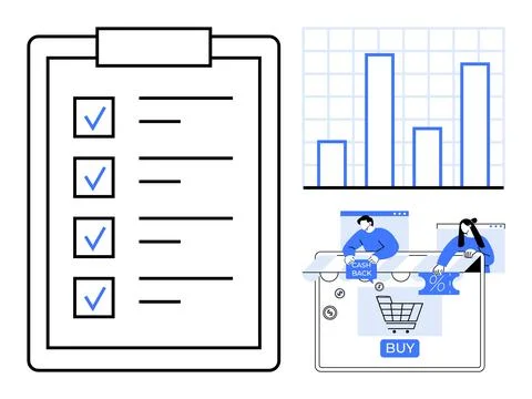 Planning and Analysis with Checklist, Bar Chart, and Online Shopping Elements Stock Illustration