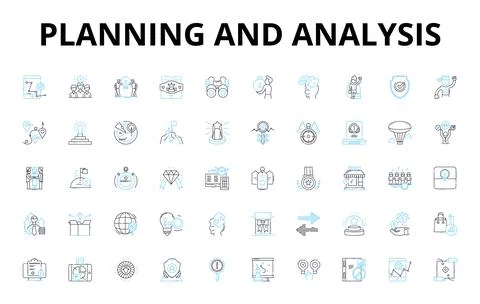 Planning and analysis linear icons set. Strategy, Forecasting, Optimization Stock Illustration