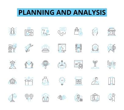 Planning and analysis linear icons set. Strategy, Forecasting, Optimization Stock Illustration