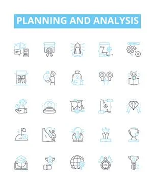 Planning and analysis vector line icons set. Planning, Analysis, Strategy Illustrazione stock