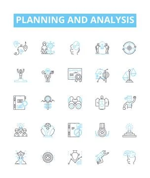 Planning and analysis vector line icons set. Planning, Analysis, Strategy Illustrazione stock