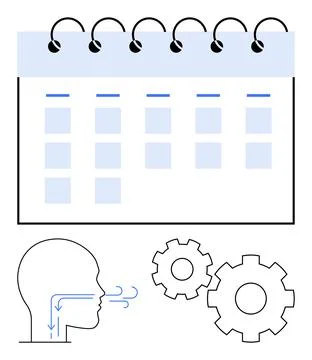 Planning and Communication Process with Human Head, Calendar, and Gears Illustrazione stock