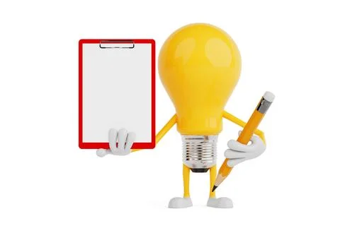 Planning And Creative Thinking Concept. Yellow Light Bulb Character Holding.. Stock Illustration