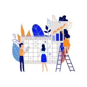 Planning and organizing work process with people recording tasks in calendar and Stock Illustration