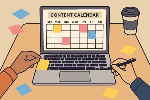 Planning and scheduling content calendar on laptop with sticky notes Stock Illustration