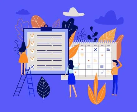 Planning and time management concept with people organizing working process. Illustrazione stock