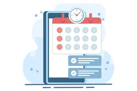 Planning app concept on screen. Planning schedule and calendar. Illustrazione stock