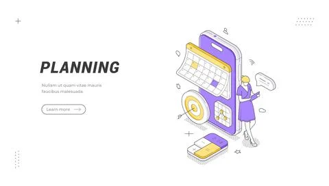 Planning banner template. Isometric vector illustration of a woman scheduling Stock Illustration