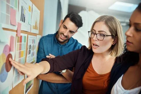 Planning board, research data and people listening to manager, boss or team Stock Photos