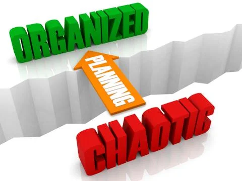 Planning is the bridge from CHAOTIC to ORGANIZED. Concept 3D illustration. Stock Illustration