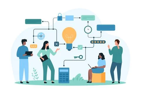 Planning business project using diagram, tiny people plan steps to implement Stock Illustration