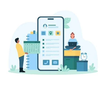 Planning business tasks and projects in mobile app, tiny people holding calendar Illustrazione stock