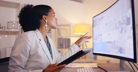 Planning, computer and tablet with black woman in office for website, branding Stock Photos