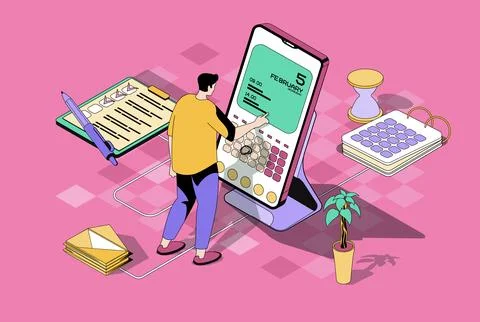 Planning concept in 3d isometric design. Man making appointment using mobile  Stock Illustration