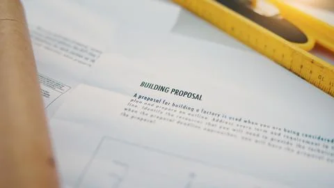 Planning, construction and paper with proposal with documents for building,.. Stock Photos