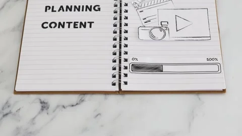 Planning content for social media, notebook with photo and video icon next to Stock Footage 144530868