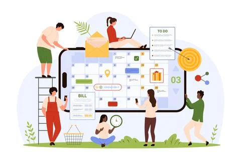 Planning, daily work tasks management in mobile app, tiny people manage to do イラスト素材
