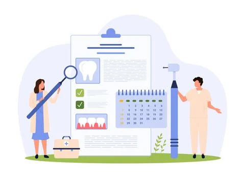 Planning dental appointment on calendar by tiny people with big dentists 스톡 일러스트