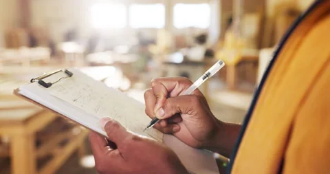 Planning, hands or writing on clipboard in carpentry for joinery notes, material Stock Footage 340001002