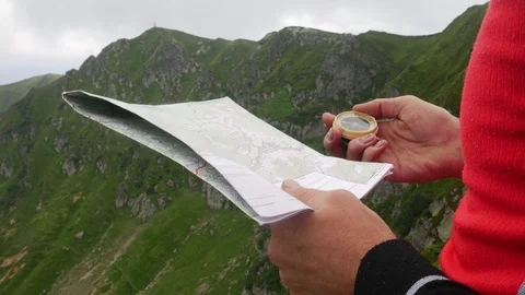 Planning Hiking Trip on Paper Map with Compass Video stock 116041870