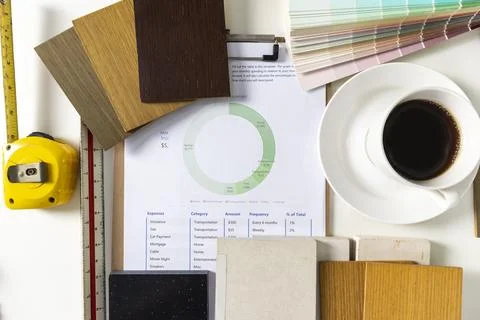 Planning, interior materials,White stone material on paper, laminated plank.. Stock Photos