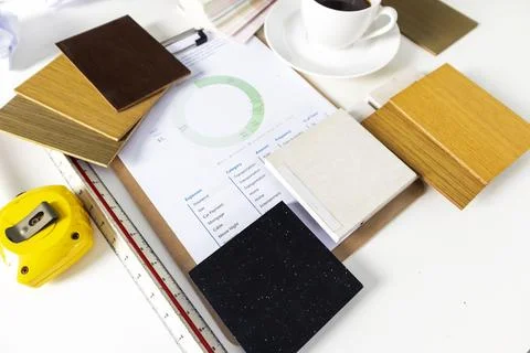 Planning, interior materials,White stone material on paper, laminated plank.. Stock Photos