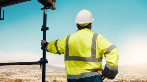 Planning, man and back of construction worker on site for inspection with Stock Photos