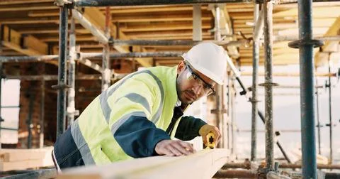 Planning, man and construction worker by infrastructure on site for building Stock Photos