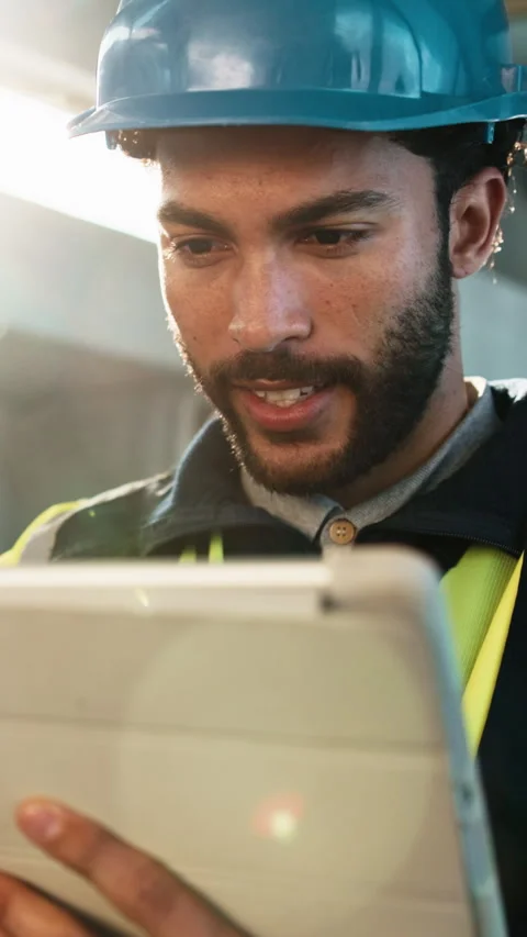 Planning, man and electrician with tablet on site for email update on electrical Stock Footage 343603983