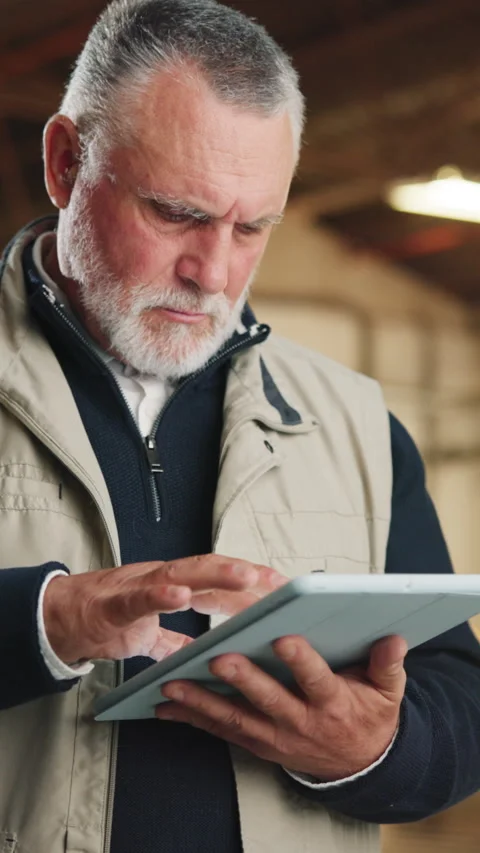 Planning, man and scroll on tablet for carpentry, cut list update and log client Stock Footage 343812095