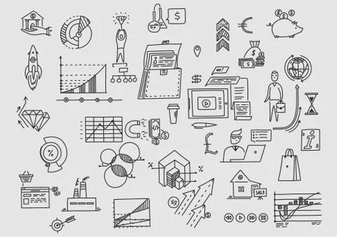 Planning, office, earnings, development and investing. Business doodles. Stock Illustration