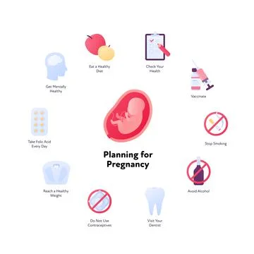 Planning for pregnancy concept. Vector flat color icon illustration set. Stock Illustration
