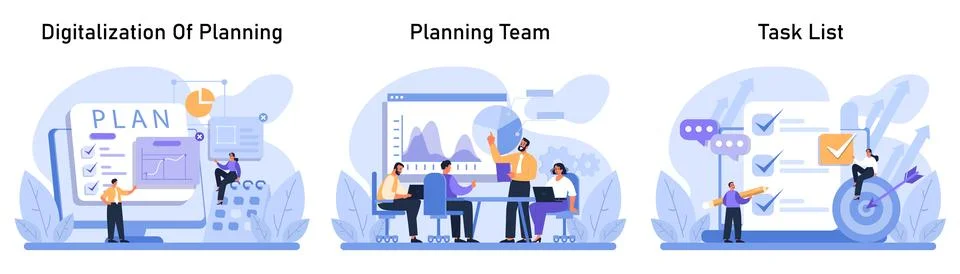 Planning Process set. Transition from manual to digital planning. 스톡 일러스트