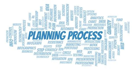 Planning Process typography word cloud create with the text only. Stock Illustration