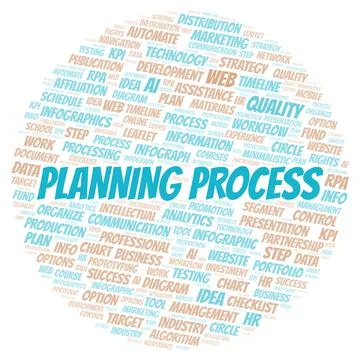 Planning Process typography word cloud create with the text only. Stock Illustration