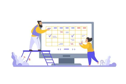 Planning schedule. Huge computer and tiny people scene. Time management concept Stock Illustration