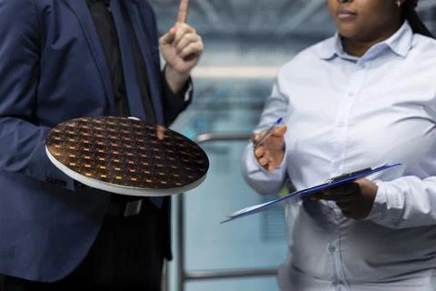 Planning semiconductor substrate upgrades, business meeting and researchers Stock Photos