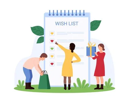 Planning shopping using wishlist, purchase planner, tiny people check resolution 스톡 일러스트
