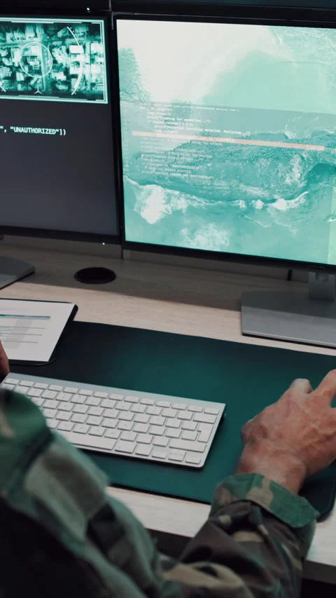 Planning, soldier or hands with computer screen in control room, military Stock Footage 335315011