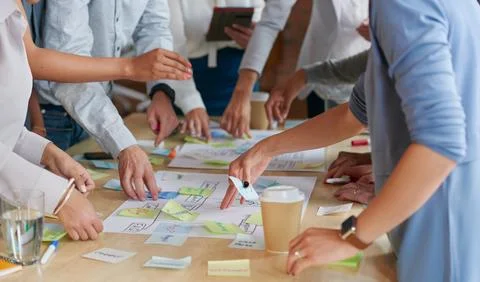 Planning, sticky notes or hands in office with teamwork, problem solving or.. Stock Photos