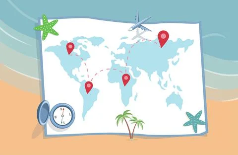 Planning summer vacation, journey vector flat illustration. World map with Stock Illustration