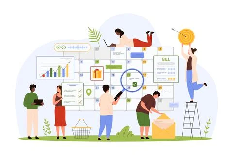 Planning tasks and projects in digital calendar, tiny people plan work time イラスト素材