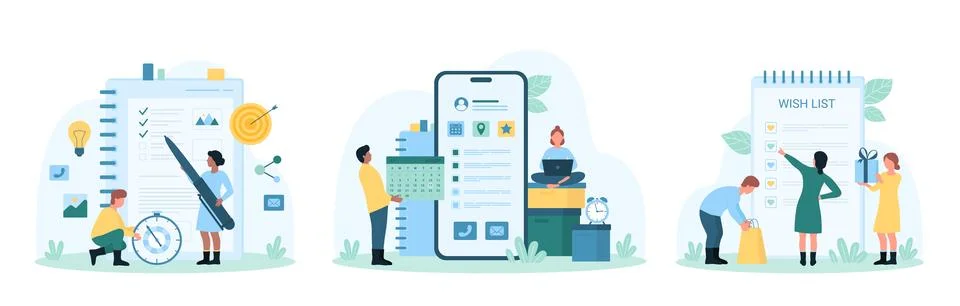 Planning tasks, management set, tiny people with mobile phone app organize Stock Illustration