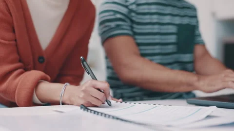 Planning, taxes and documents with hands of couple in for finance, payment and Stock Footage 248594167