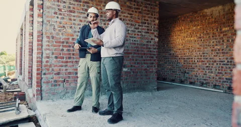 Planning, team or men with tablet at construction site, renovation ideas or Stock Footage 336778407