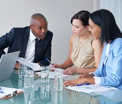 Planning, teamwork and data with business people in meeting for idea, documents Stock Photos