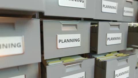 PLANNING text on the drawers of a file cabinet, looping 3d animation Stock Footage 150338475