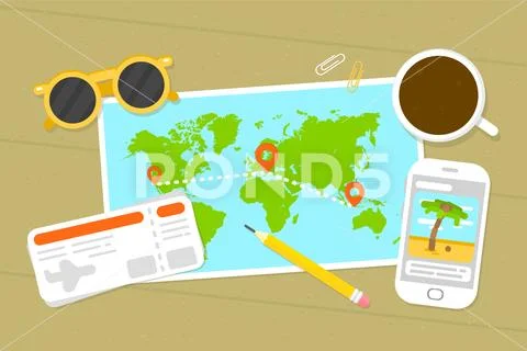Planning Tourist Trip. Map, Tickets, Phone. Vector Illustration of Flat Design Stock Illustration