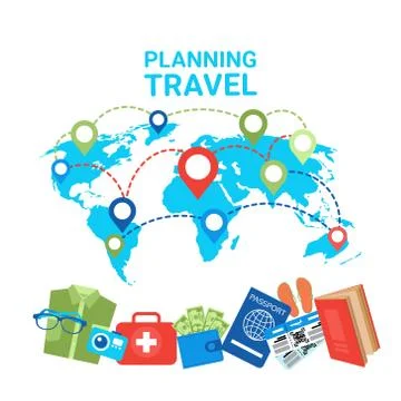 Planning Travel Concept Pointers On World Map Baggage Items Icons 스톡 일러스트