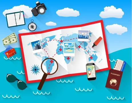 Planning trip concept at table with paper map of world, Illustrazione stock